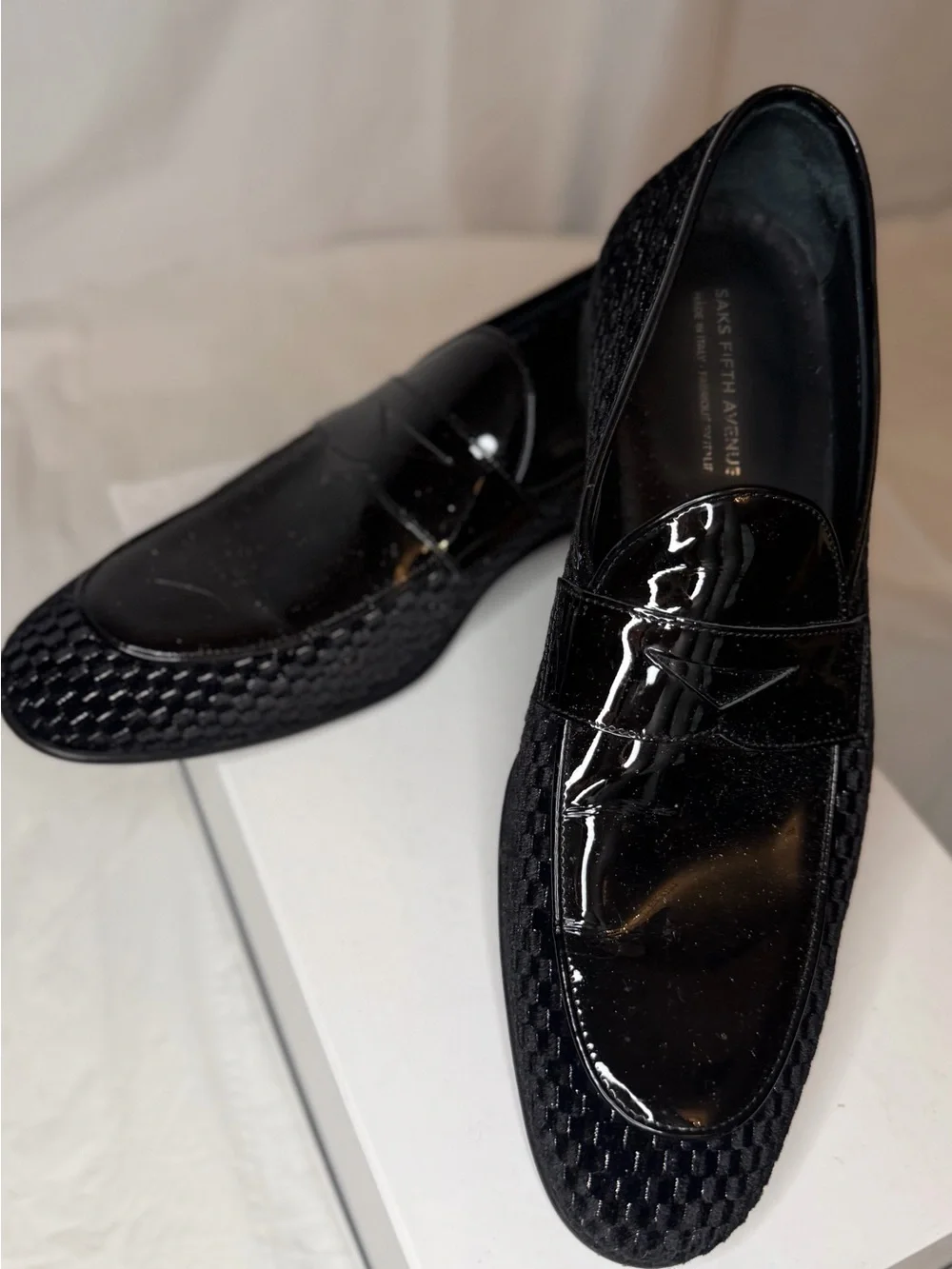Saks Fifth Avenue Black Patent Leather Woven-Trim Penny Loafers